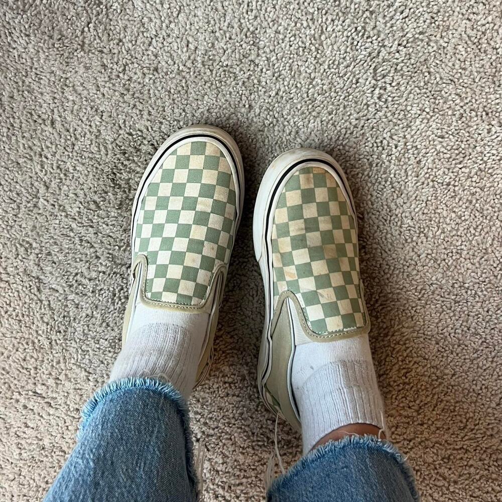 Sage green checkerboard vans slip ons